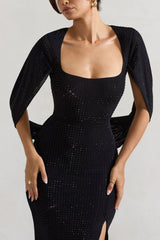 Black Embellished Fishtail Maxi Dress With Cape Sleeves