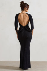 Black Embellished Fishtail Maxi Dress With Cape Sleeves