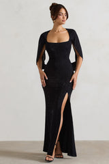 Black Embellished Fishtail Maxi Dress With Cape Sleeves