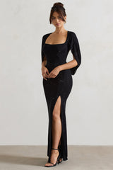 Black Embellished Fishtail Maxi Dress With Cape Sleeves