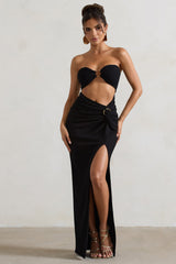 Black Crinkle Strapless Cut-Out Maxi Dress With Twist