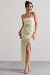 Ecru Textured Sheer Halter-Neck Maxi Dress