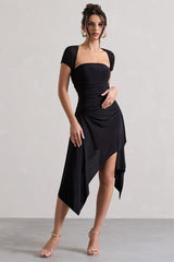 Black Gathered Mesh Long-Sleeve Draped Mini Dress