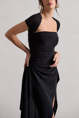Black Gathered Mesh Long-Sleeve Draped Mini Dress