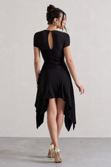Black Gathered Mesh Long-Sleeve Draped Mini Dress