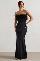 Black Satin Feather Trim Bandeau Maxi Dress