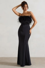 Black Satin Feather Trim Bandeau Maxi Dress