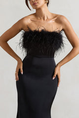 Black Satin Feather Trim Bandeau Maxi Dress