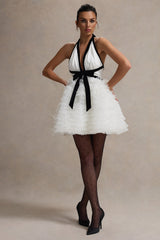 Black & White Plunge-Neck Mini Dress With Tulle Skirt