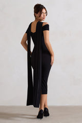 Black Strappy Midi Dress With Drape