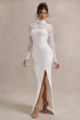White High-Neck Split Maxi Dress With Lace Sleeves