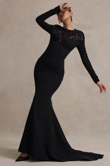 Black Long-Sleeve Maxi Dress With Lace Detail
