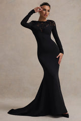 Black Long-Sleeve Maxi Dress With Lace Detail