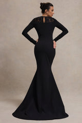 Black Long-Sleeve Maxi Dress With Lace Detail