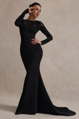 Black Long-Sleeve Maxi Dress With Lace Detail