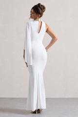 White High-Neck Cape-Sleeve Maxi Dress