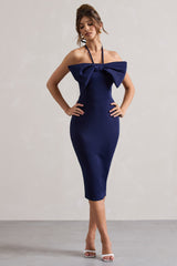 Navy Halter-Neck Midi Dress With Bow