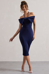 Navy Halter-Neck Midi Dress With Bow