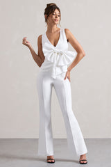 Cream Satin Plunge-Neck Top With Bow