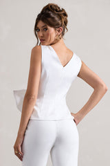 Cream Satin Plunge-Neck Top With Bow