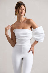 White Satin Strapless One-Sleeve Straight-Leg Jumpsuit