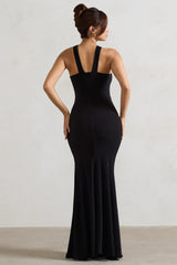 Black Cross Over Halter-Neck Split Maxi Dress