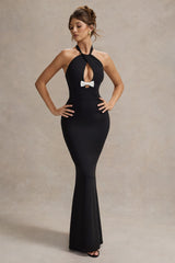 Black Halter-Neck Cut-Out Maxi Dress With Bow