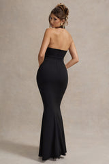 Black Halter-Neck Cut-Out Maxi Dress With Bow