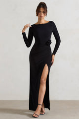 Black Long-Sleeve Wrap Maxi Dress With Corsages