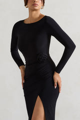 Black Long-Sleeve Wrap Maxi Dress With Corsages