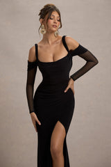 Black Square-Neck Draped Wrap Maxi Dress With Long Sleeves
