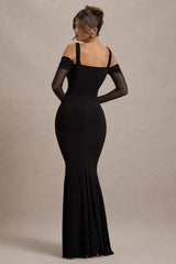 Black Square-Neck Draped Wrap Maxi Dress With Long Sleeves