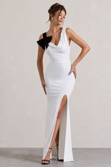 White Cowl-Neck Split Maxi Dress With Bow