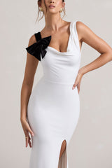 White Cowl-Neck Split Maxi Dress With Bow