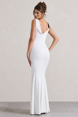 White Cowl-Neck Split Maxi Dress With Bow
