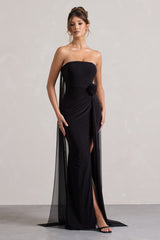 Black Strapless Wrap Cape Maxi Dress With Corsage