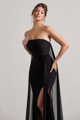 Black Strapless Wrap Cape Maxi Dress With Corsage