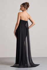 Black Strapless Wrap Cape Maxi Dress With Corsage