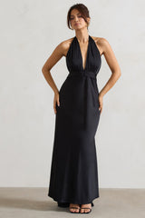 Black Satin Plunge Maxi Dress With Dipped Hem