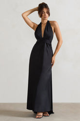 Black Satin Plunge Maxi Dress With Dipped Hem