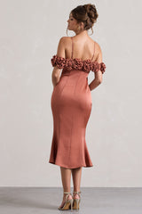 Rust Satin Floral Bardot Midi Dress