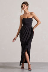 Black Bandeau Wrap Maxi Dress With Feather Trim