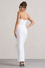 White Bandeau Wrap Maxi Dress With Feather Trim