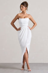 White Bandeau Wrap Maxi Dress With Feather Trim