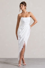White Bandeau Wrap Maxi Dress With Feather Trim