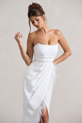 White Bandeau Wrap Maxi Dress With Feather Trim