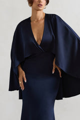 Navy Satin Plunge-Neck Maxi Dress With Cape Sleeves