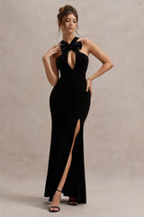Black Velvet Plunge Halter-Neck Split Maxi Dress With Bow