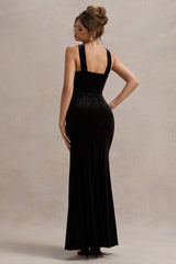 Black Velvet Plunge Halter-Neck Split Maxi Dress With Bow