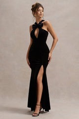 Black Velvet Plunge Halter-Neck Split Maxi Dress With Bow